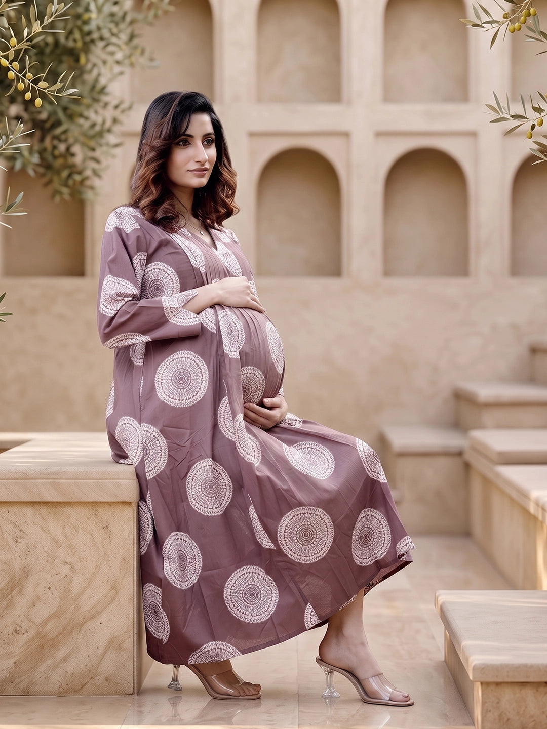 Taupe Geometric Print Maternity & Feeding Midi Dress with Concealed Zipper