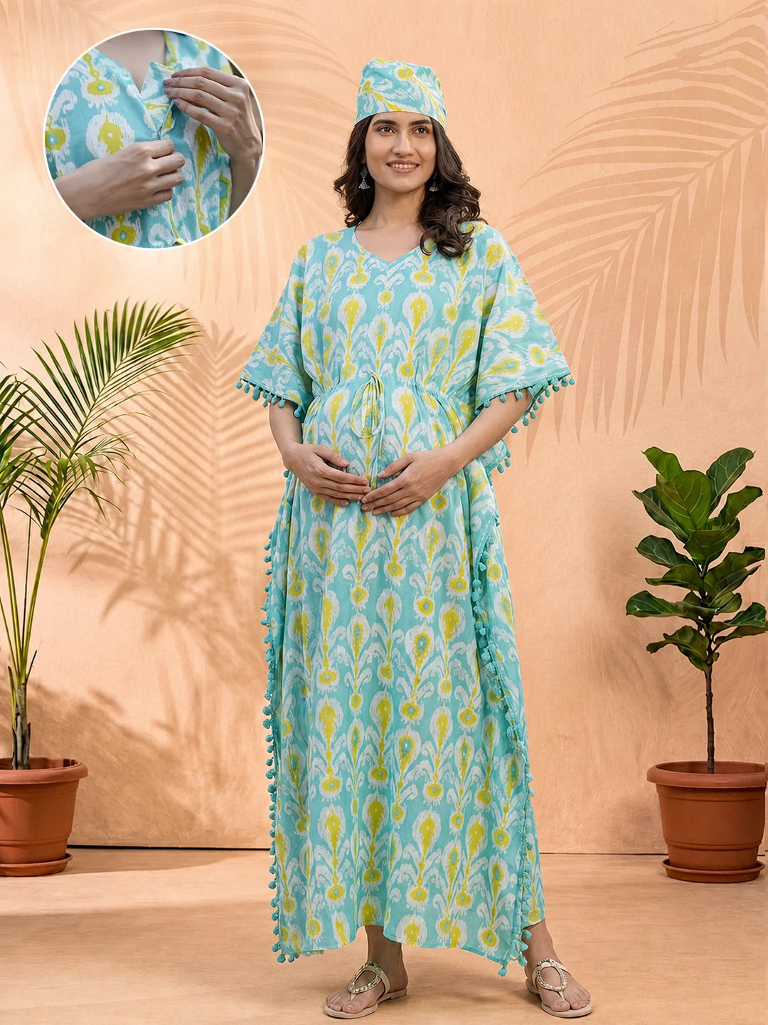 Turquoise Blue Ethnic Print Maternity & Feeding Kaftan Dress
