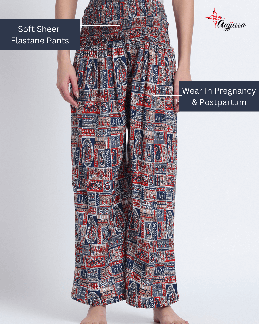 Indigo Red Ethnic Print Maternity Feeding-Friendly Kaftan Night Suit with Concealed Zipper