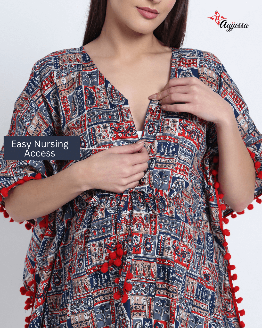 Indigo Red Ethnic Print Maternity Feeding-Friendly Kaftan Night Suit with Concealed Zipper