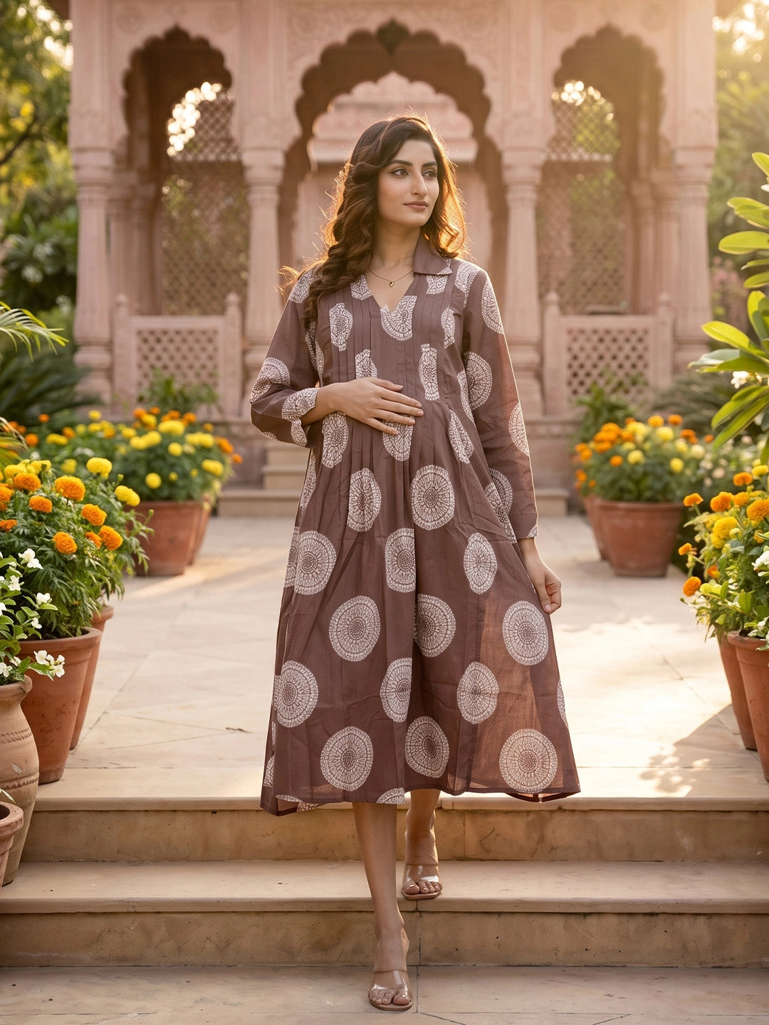 Taupe Geometric Print Maternity & Feeding Midi Dress with Concealed Zipper