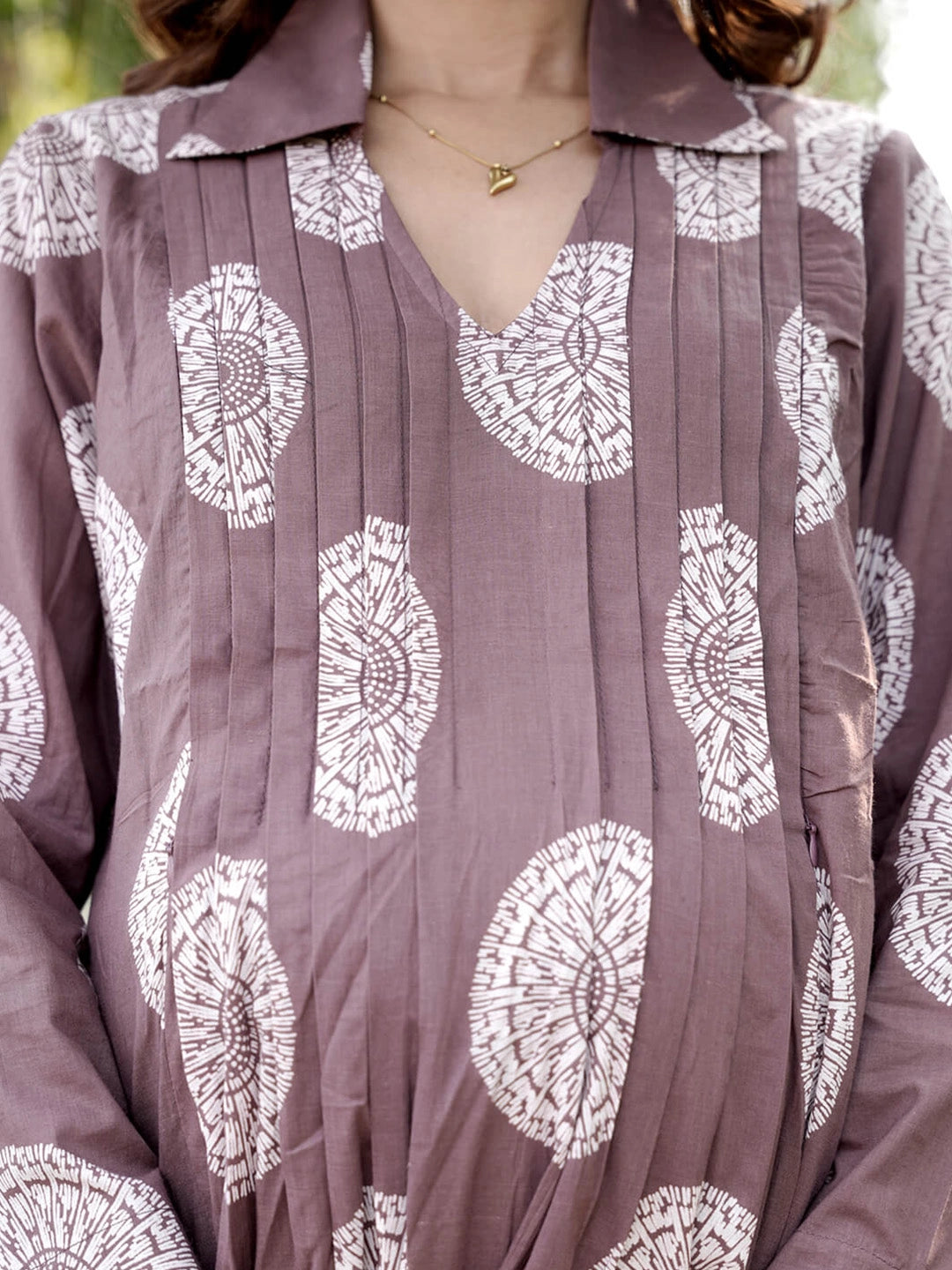 Taupe Geometric Print Maternity & Feeding Midi Dress with Concealed Zipper