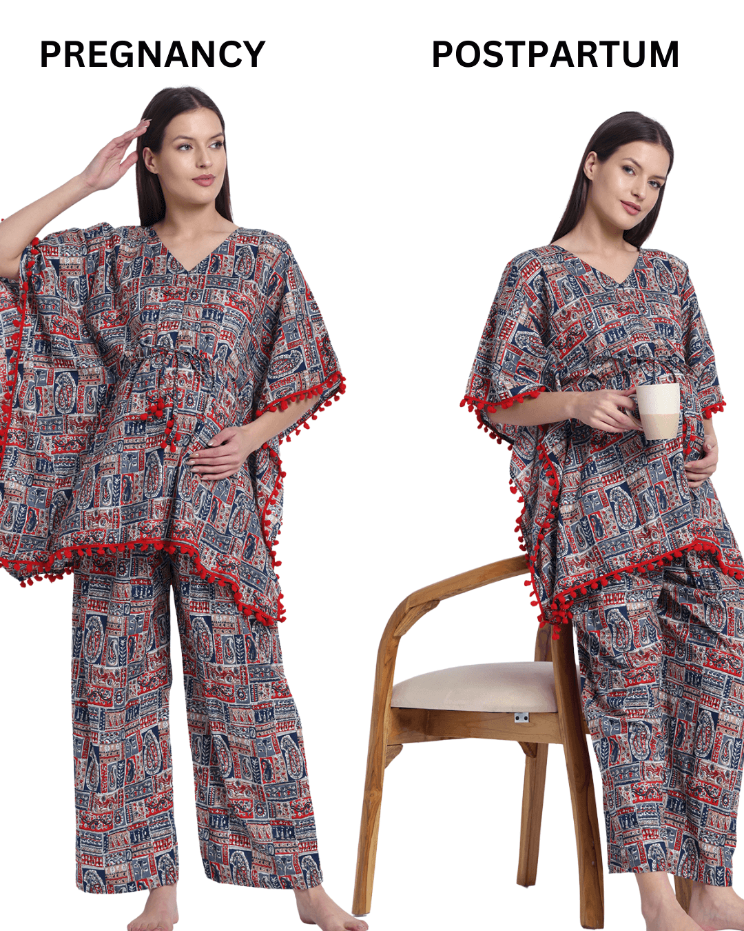 Indigo Red Ethnic Print Maternity Feeding-Friendly Kaftan Night Suit with Concealed Zipper