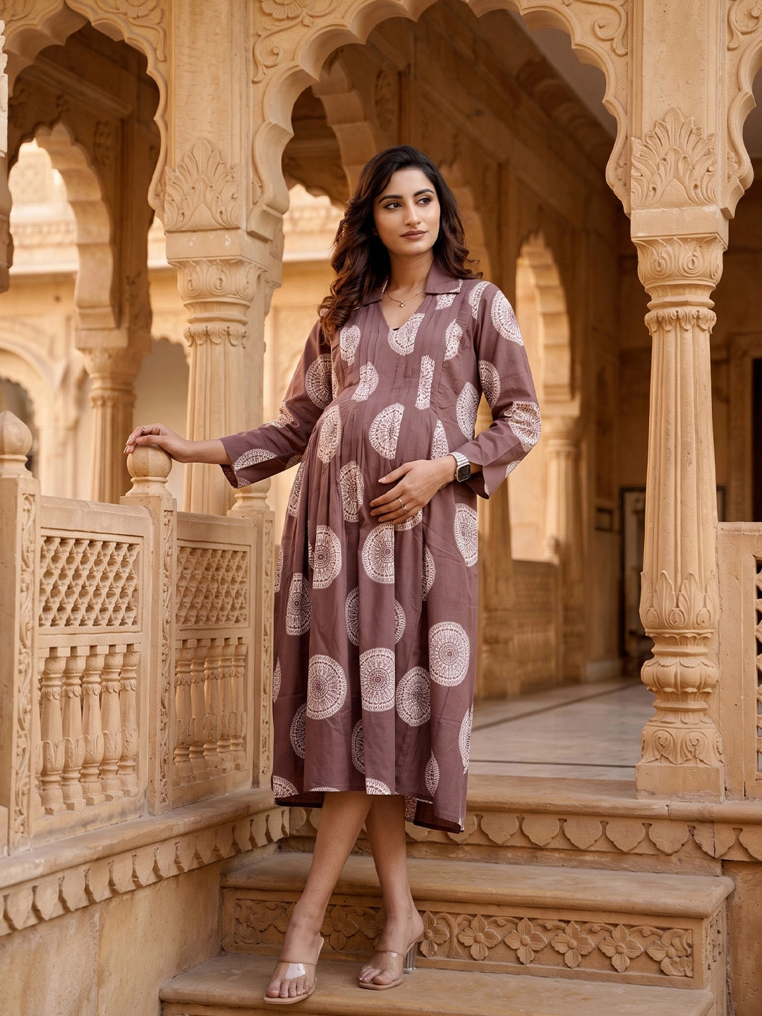 Taupe Geometric Print Maternity & Feeding Midi Dress with Concealed Zipper