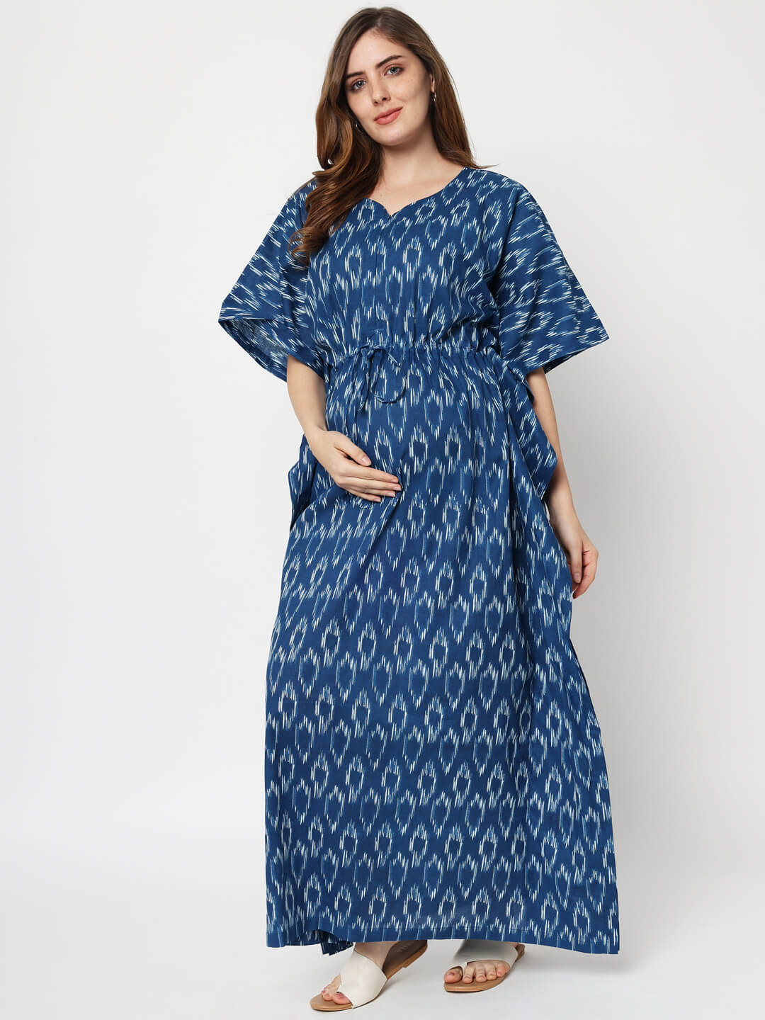Indigo Cotton Geometric Printed Maternity & Feeding Kaftan Dress with Concealed Zipper