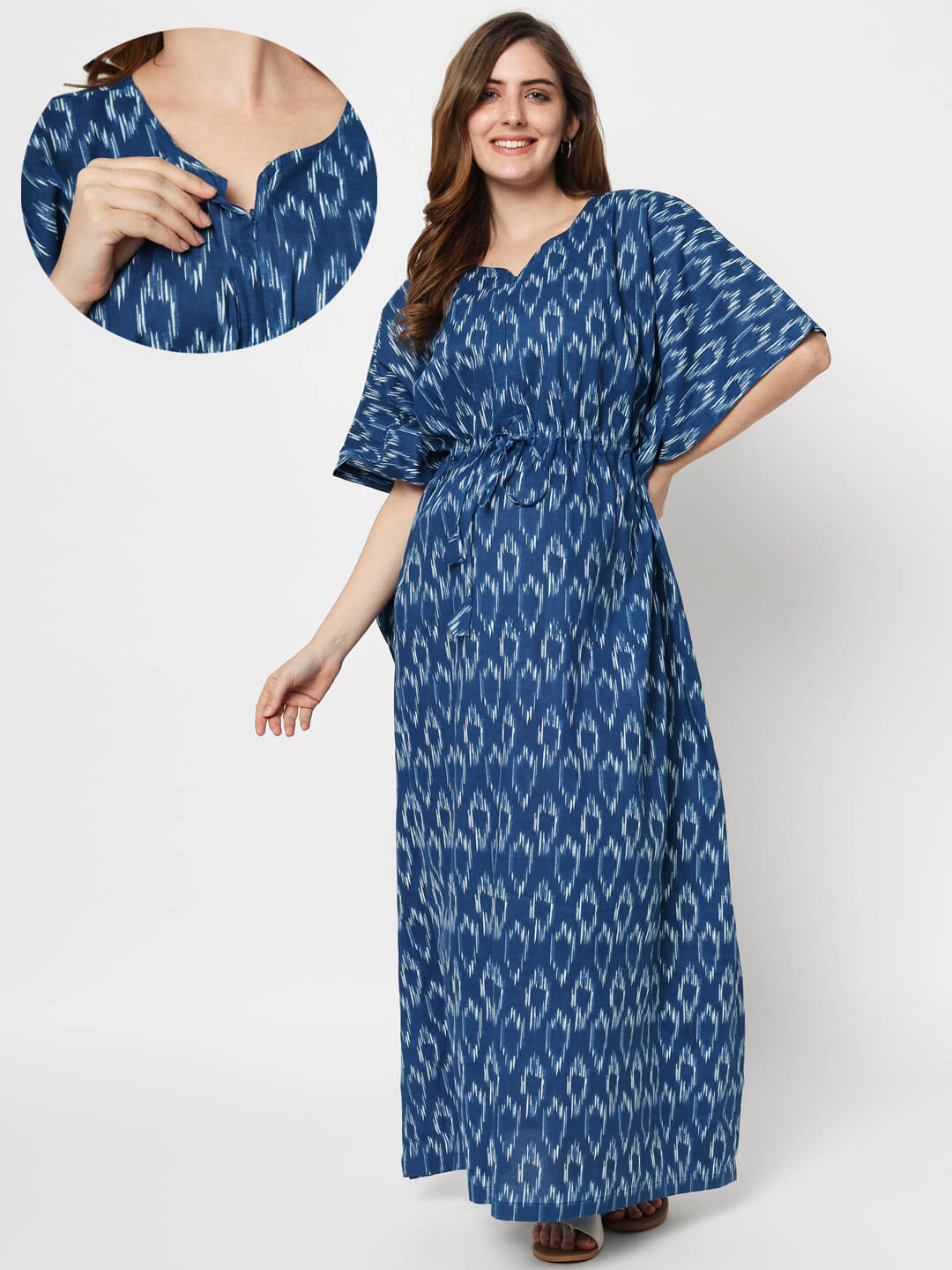 Indigo Cotton Geometric Printed Maternity & Feeding Kaftan Dress with Concealed Zipper