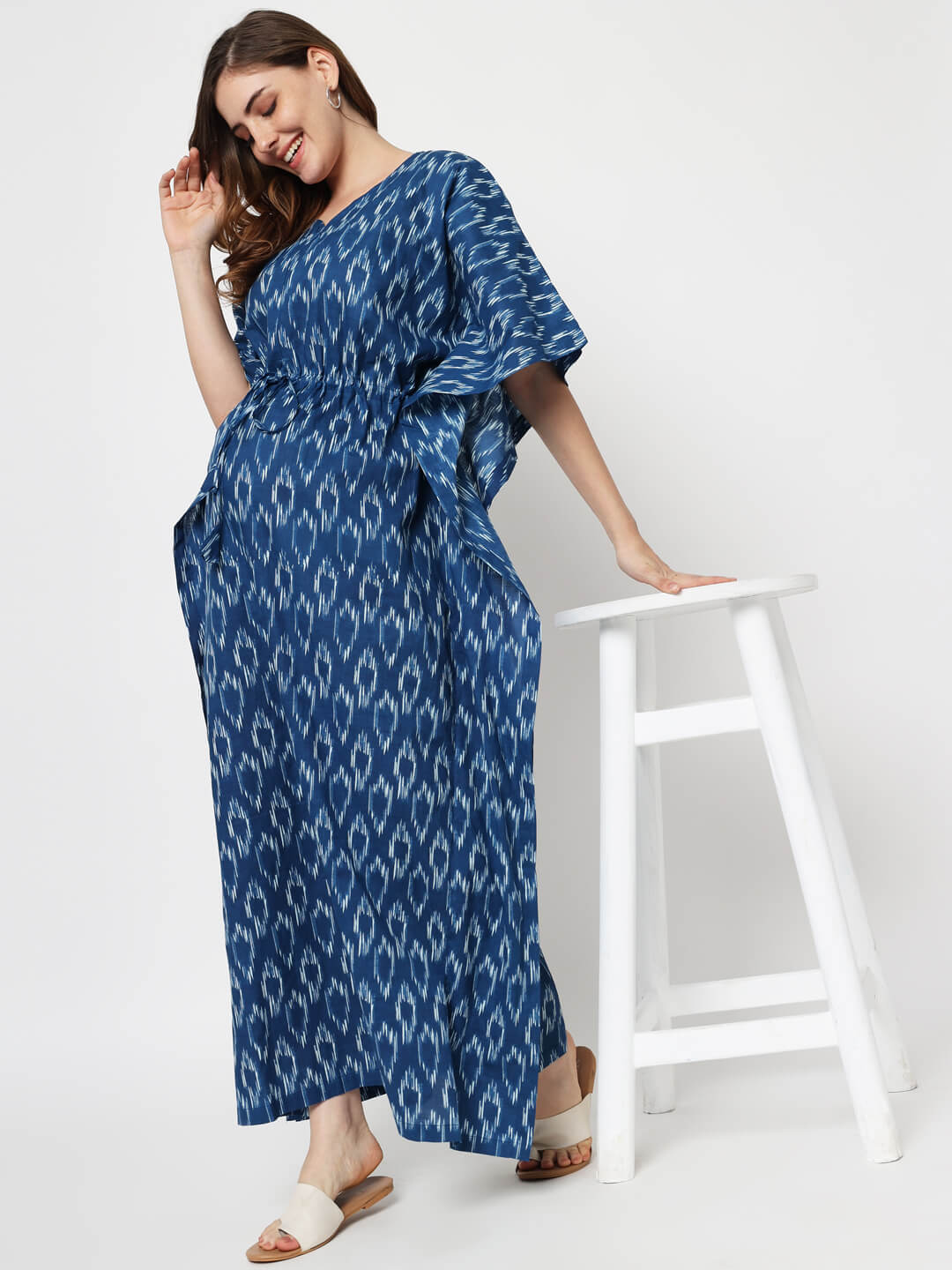 Indigo Cotton Geometric Printed Maternity & Feeding Kaftan Dress with Concealed Zipper