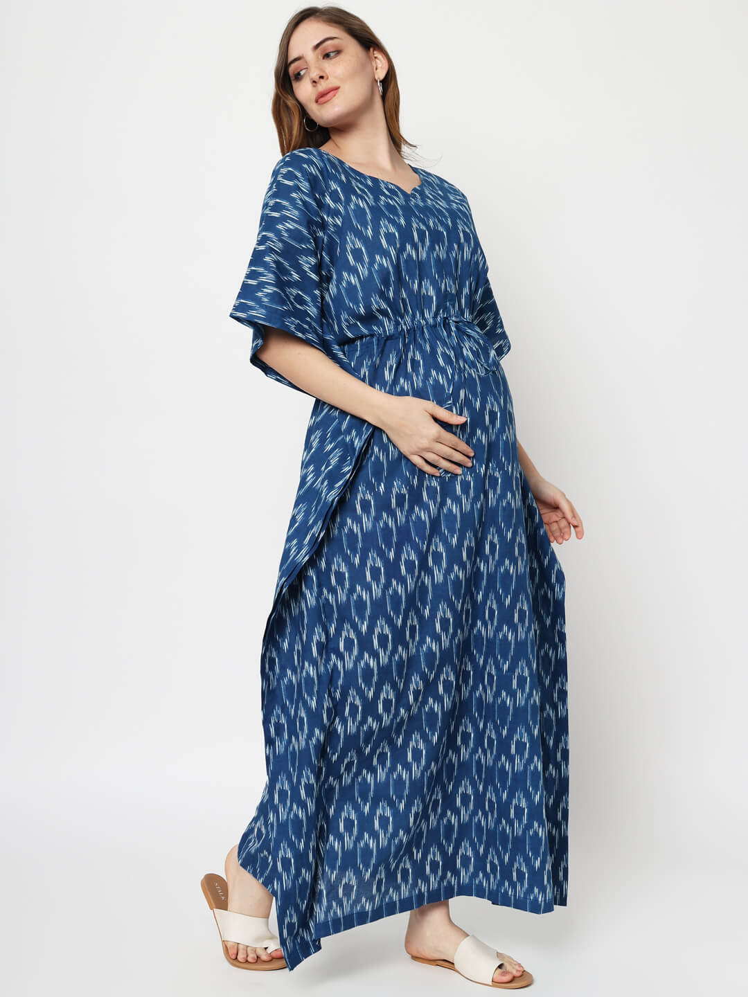 Indigo Cotton Geometric Printed Maternity & Feeding Kaftan Dress with Concealed Zipper