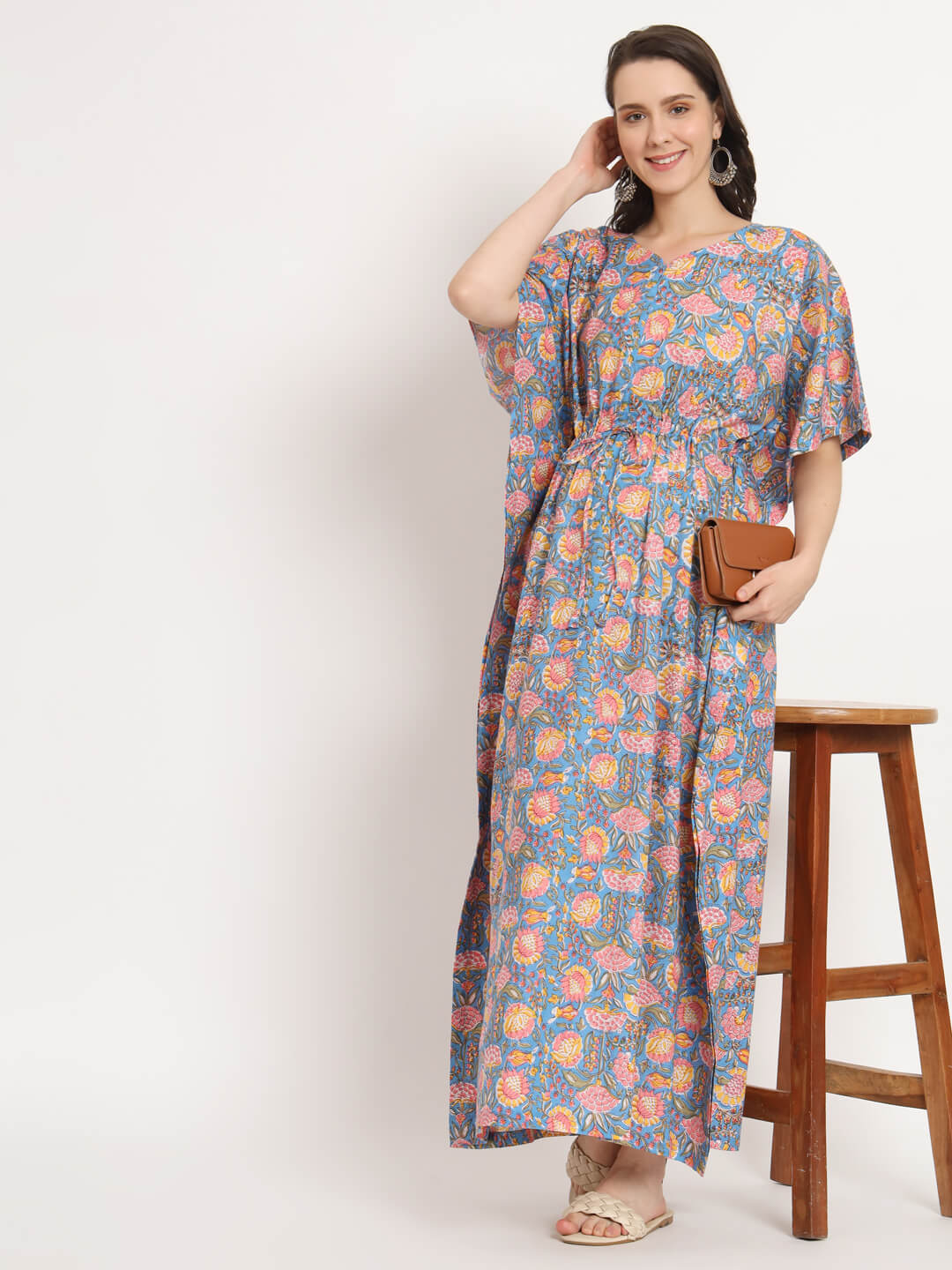 Blue Multi Floral Print Maternity & Feeding Kaftan Dress with Concealed Zipper
