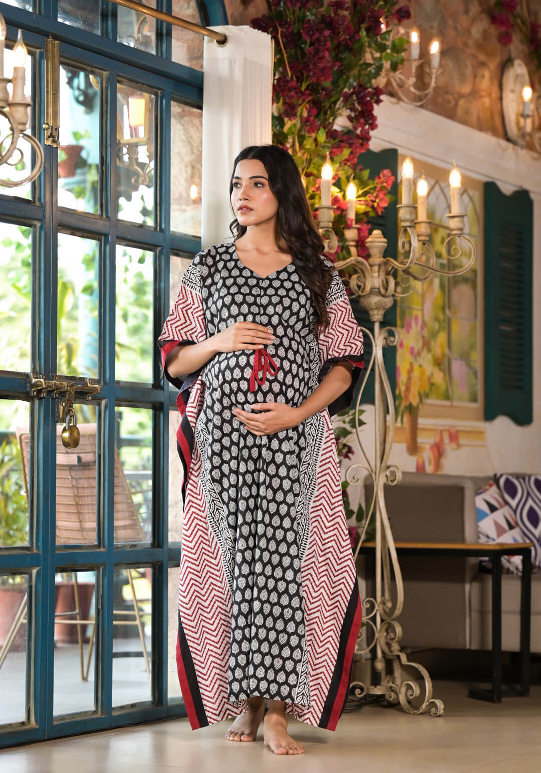 Black Ethnic Print Maternity & Feeding Kaftan Dress with Concealed Zipper