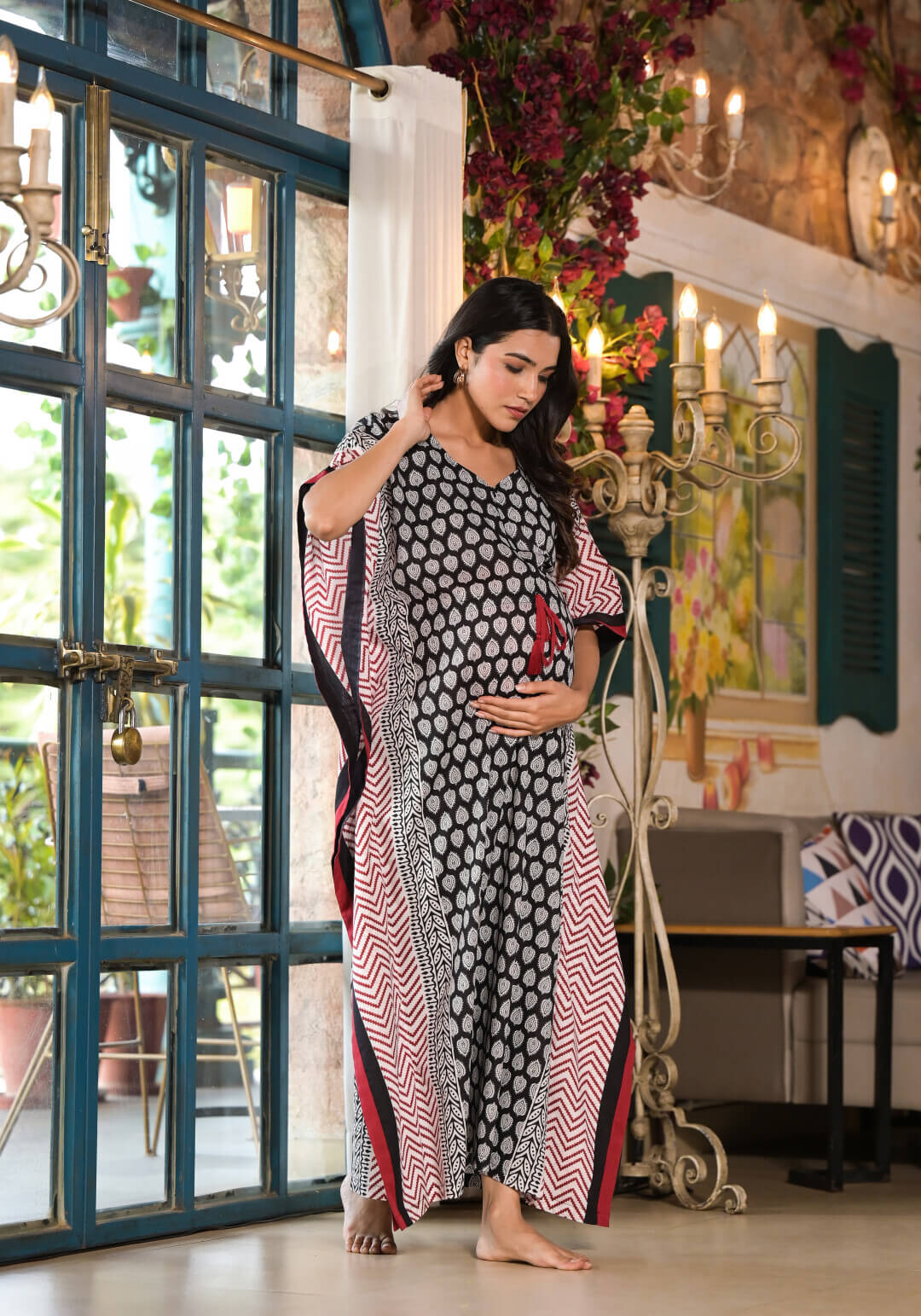 Black Ethnic Print Maternity & Feeding Kaftan Dress with Concealed Zipper