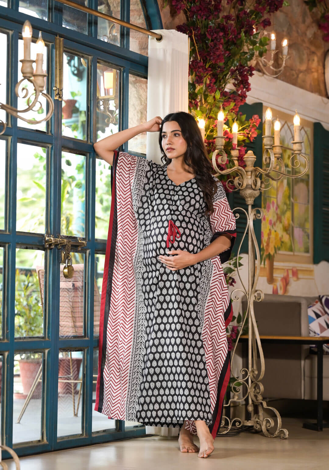 Black Ethnic Print Maternity & Feeding Kaftan Dress with Concealed Zipper