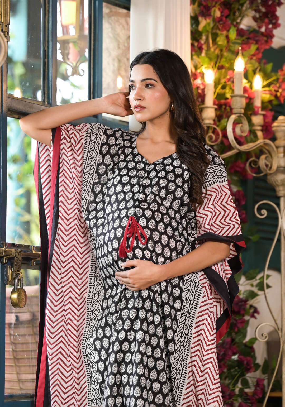 Black Ethnic Print Maternity & Feeding Kaftan Dress with Concealed Zipper