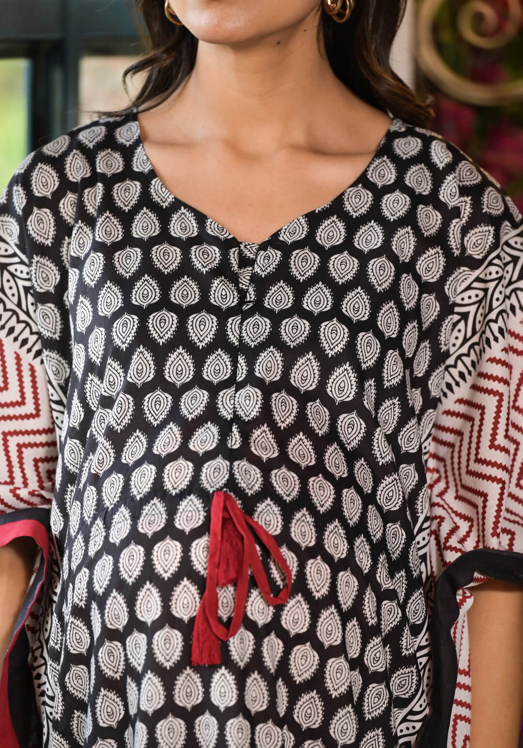 Black Ethnic Print Maternity & Feeding Kaftan Dress with Concealed Zipper