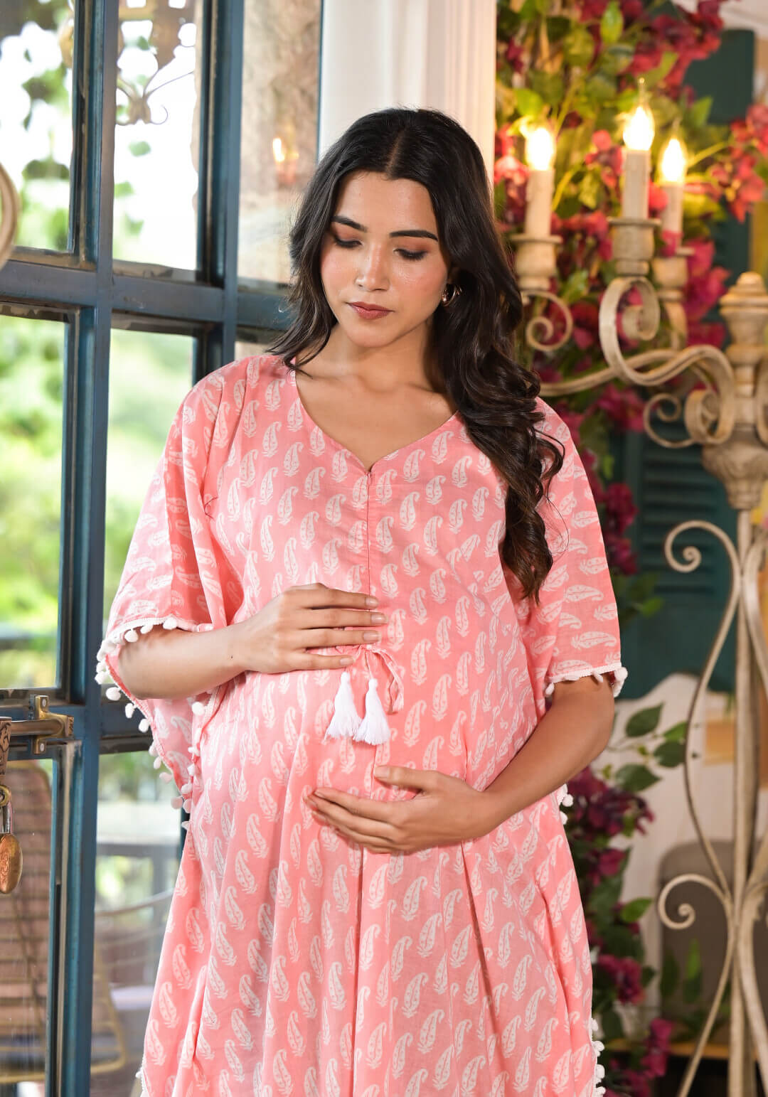 Light Pink Ethnic Print Maternity & Feeding Kaftan Dress with Concealed Zipper