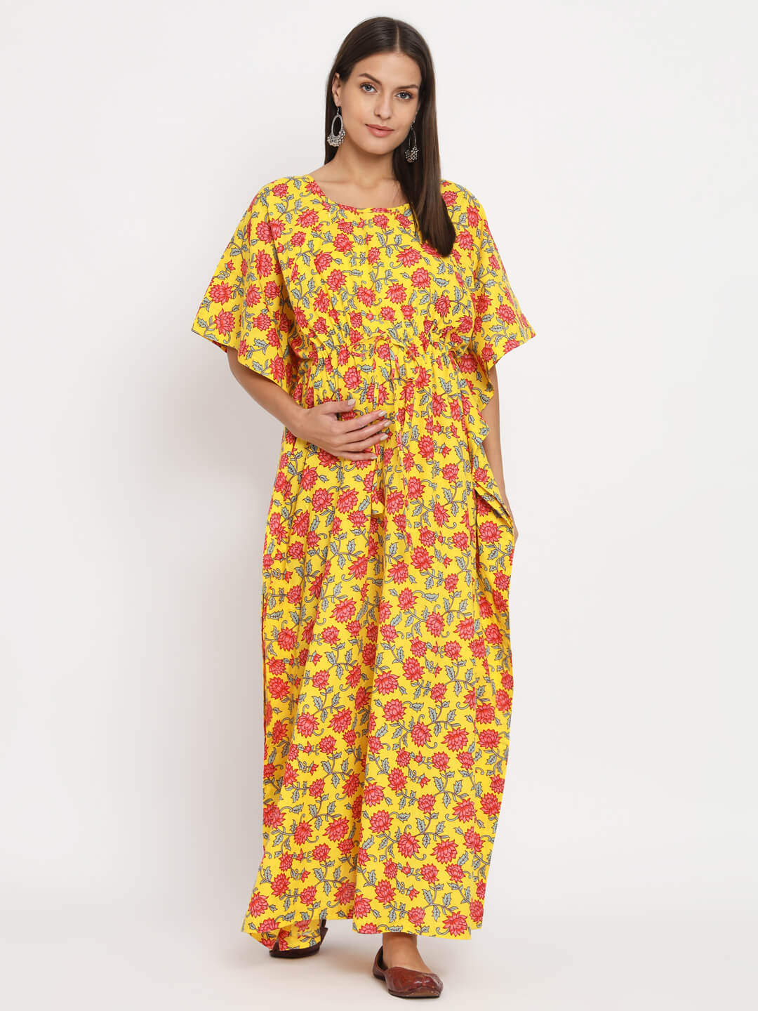 Yellow Multi Floral Printed Maternity Feeding-Friendly Kaftan Dress with Concealed Zipper