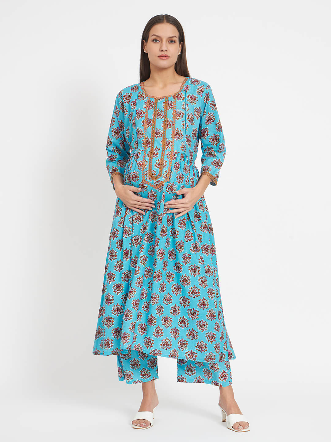 Turquoise Floral Print Cotton Maternity & Feeding Flare Kurta Set with Concealed Zipper