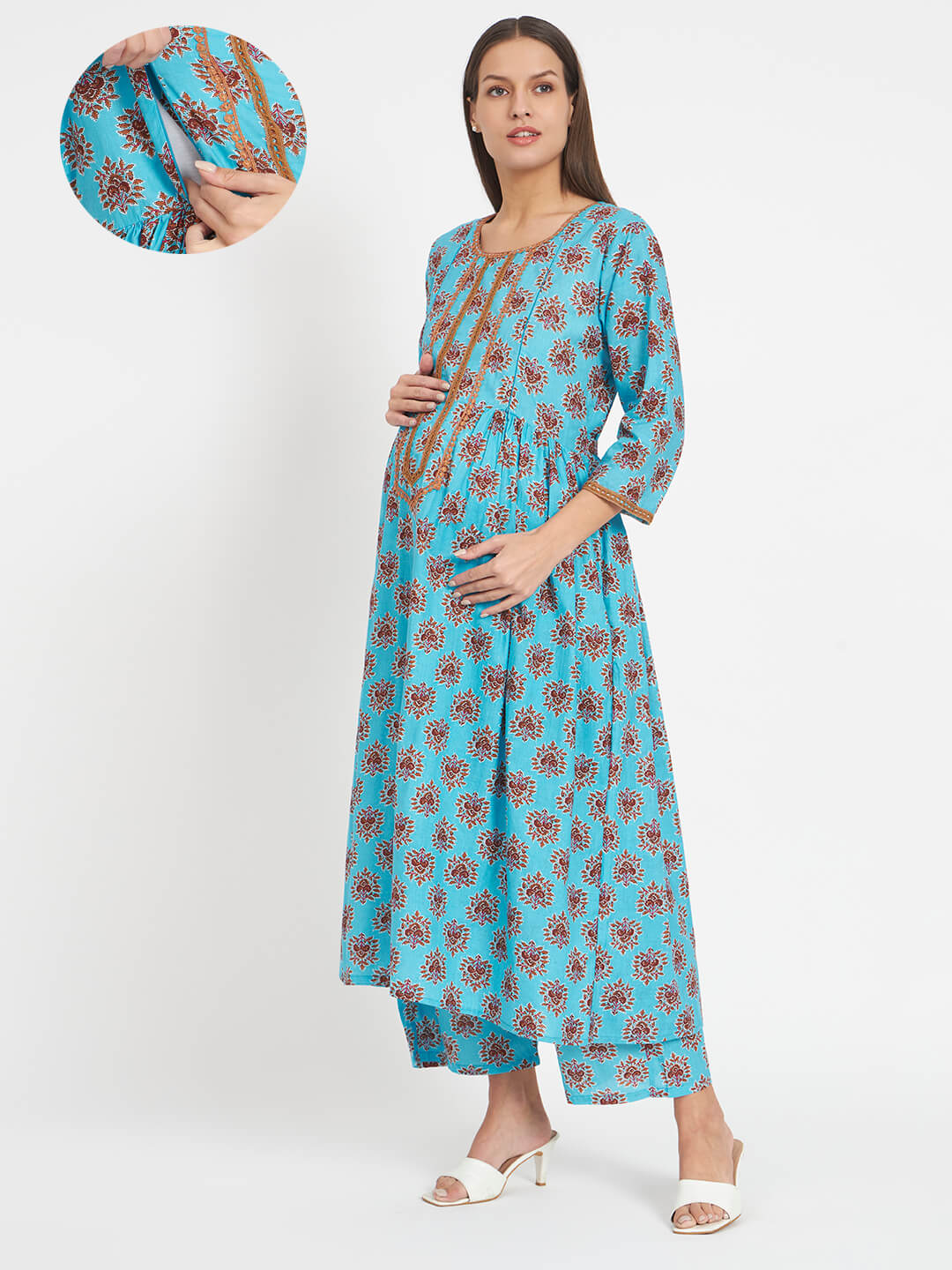 Turquoise Floral Print Cotton Maternity & Feeding Flare Kurta Set with Concealed Zipper