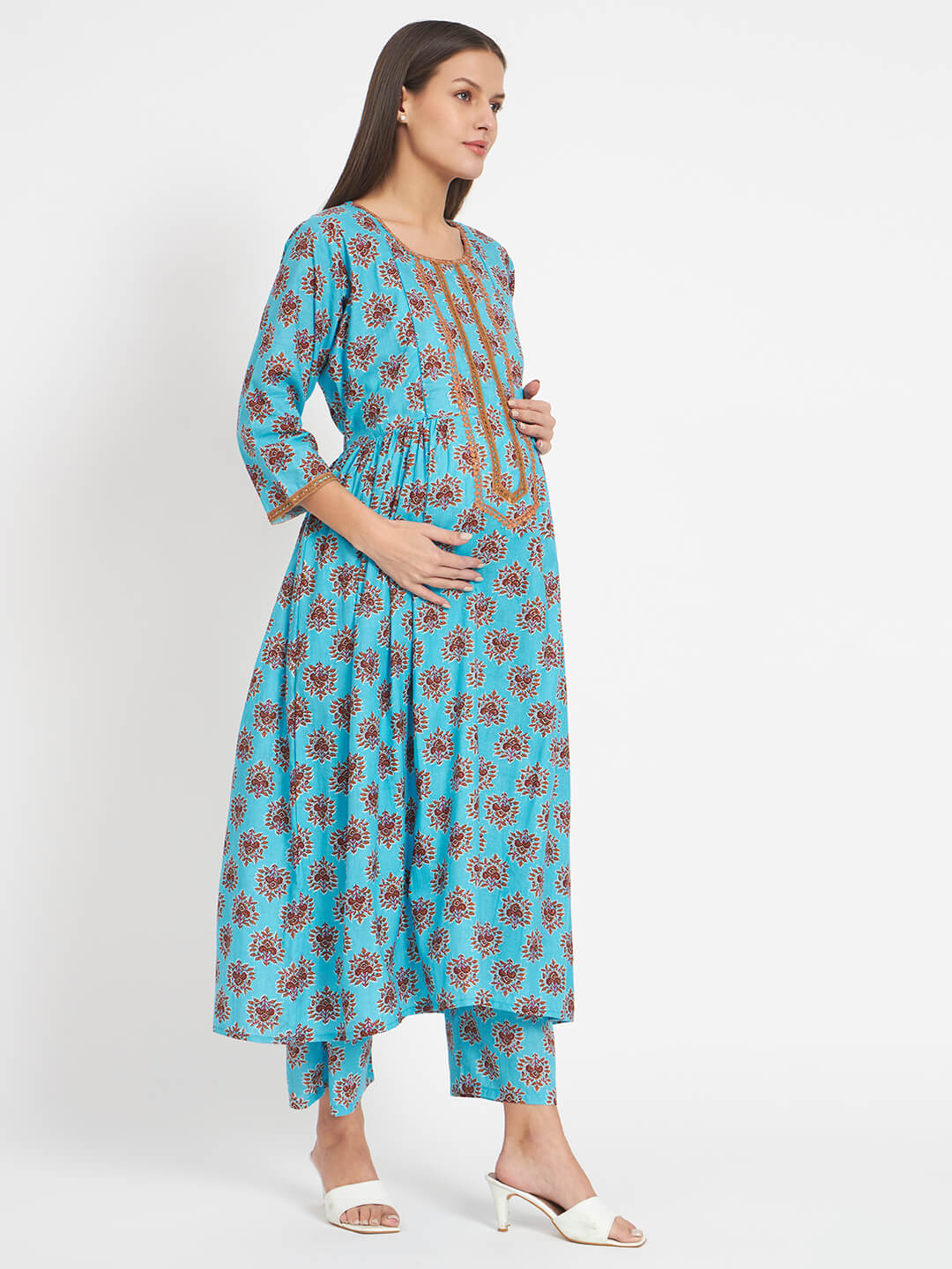 Turquoise Floral Print Cotton Maternity & Feeding Flare Kurta Set with Concealed Zipper