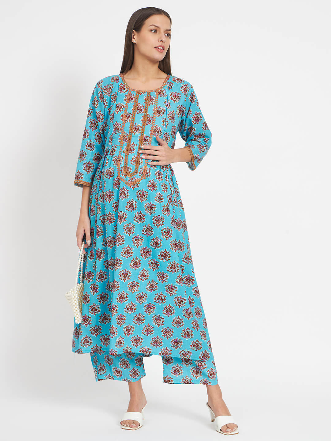 Turquoise Floral Print Cotton Maternity & Feeding Flare Kurta Set with Concealed Zipper