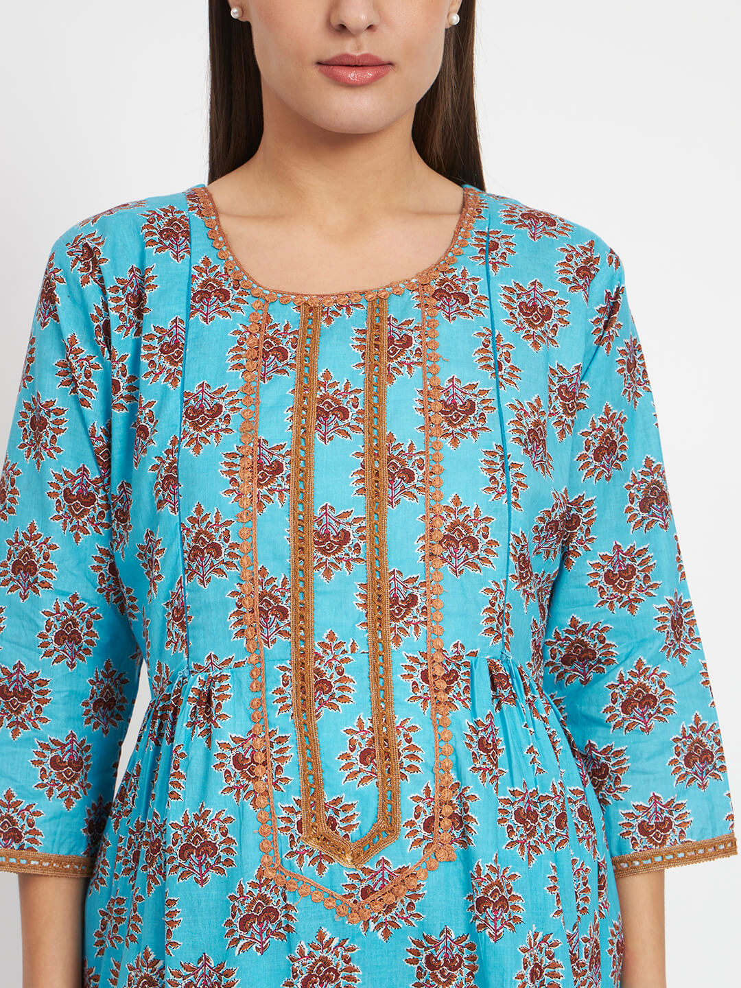 Turquoise Floral Print Cotton Maternity & Feeding Flare Kurta Set with Concealed Zipper