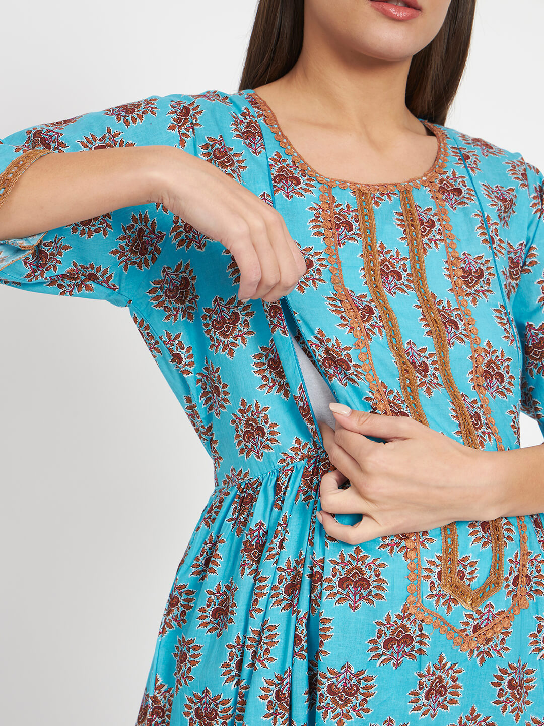 Turquoise Floral Print Cotton Maternity & Feeding Flare Kurta Set with Concealed Zipper