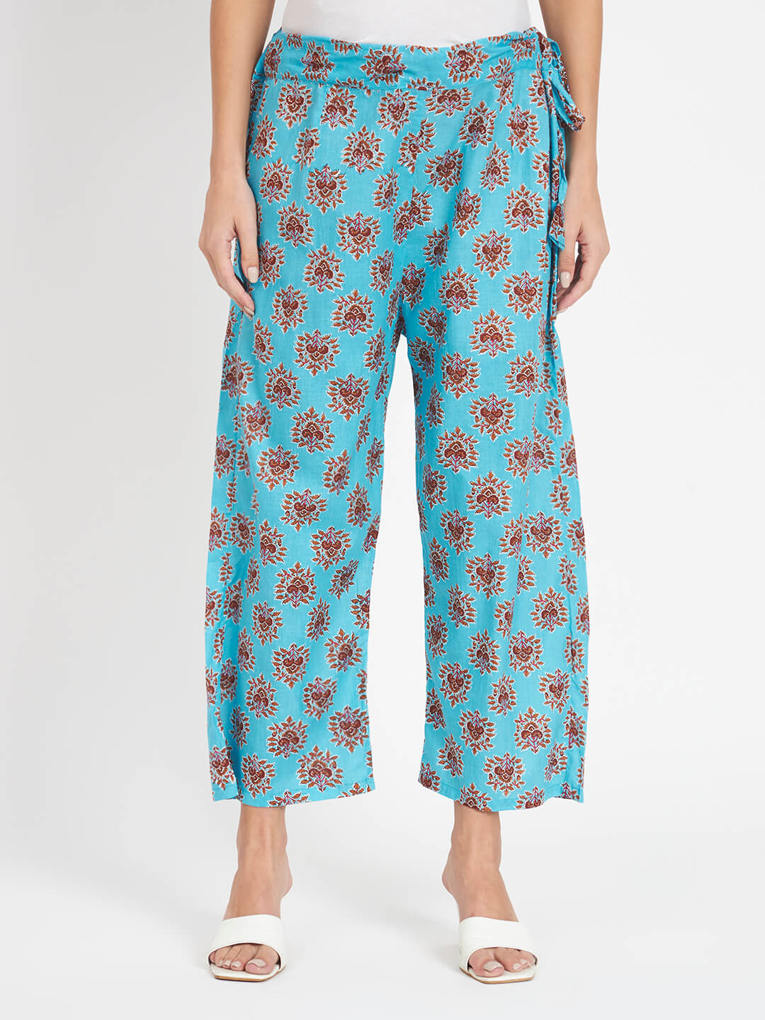 Turquoise Floral Print Cotton Maternity & Feeding Flare Kurta Set with Concealed Zipper