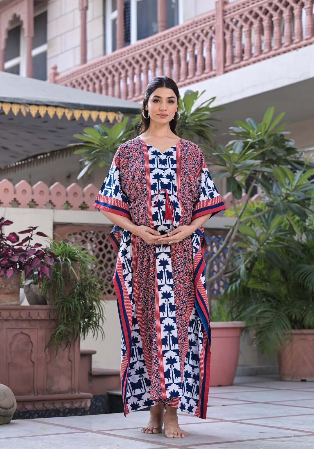 White Indigo Ethnic Motifs Print Maternity & Feeding Kaftan Dress with Concealed Zipper