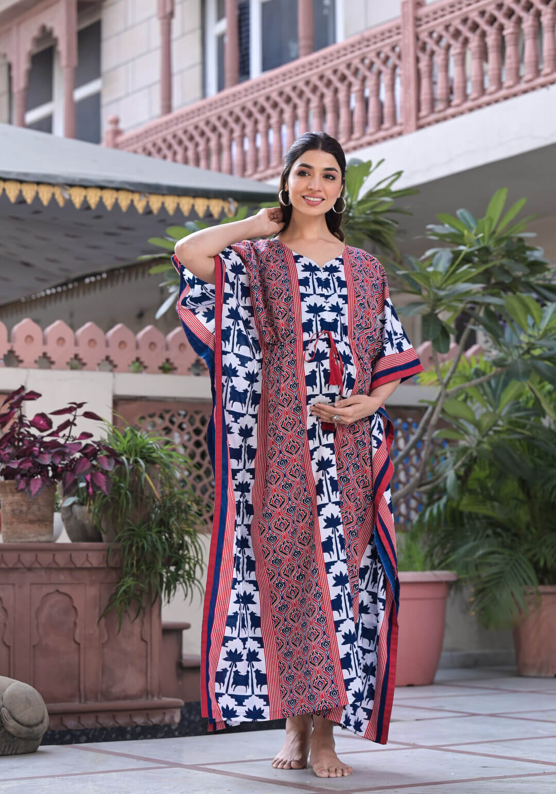 White Indigo Ethnic Motifs Print Maternity & Feeding Kaftan Dress with Concealed Zipper