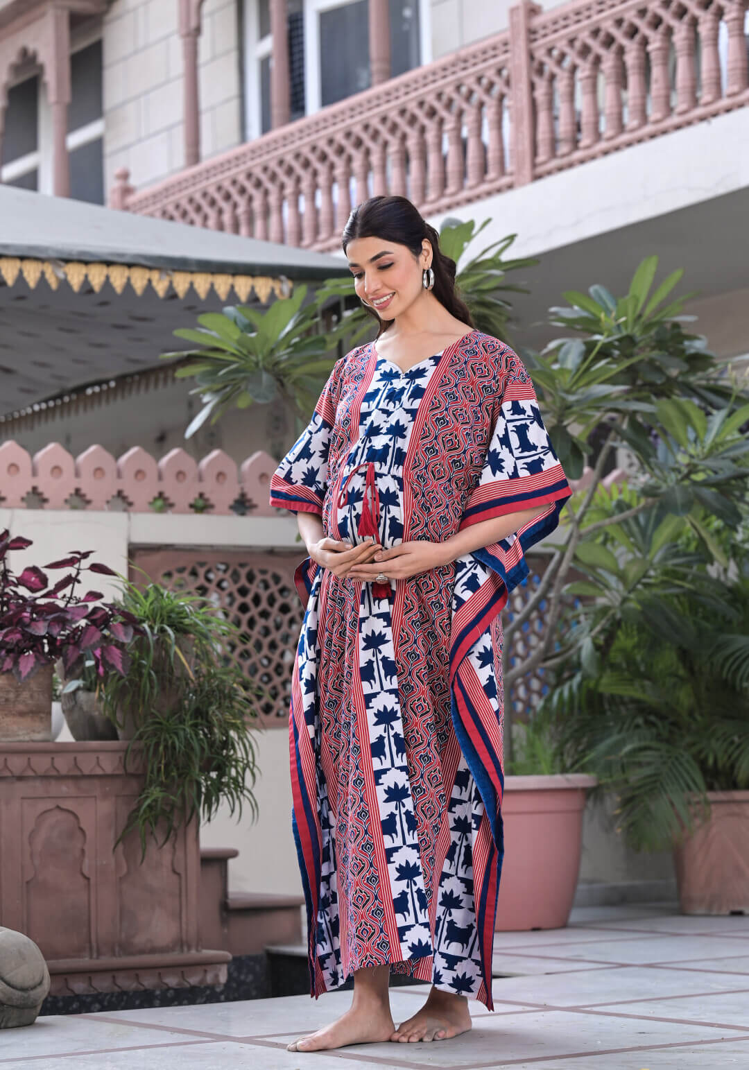 White Indigo Ethnic Motifs Print Maternity & Feeding Kaftan Dress with Concealed Zipper