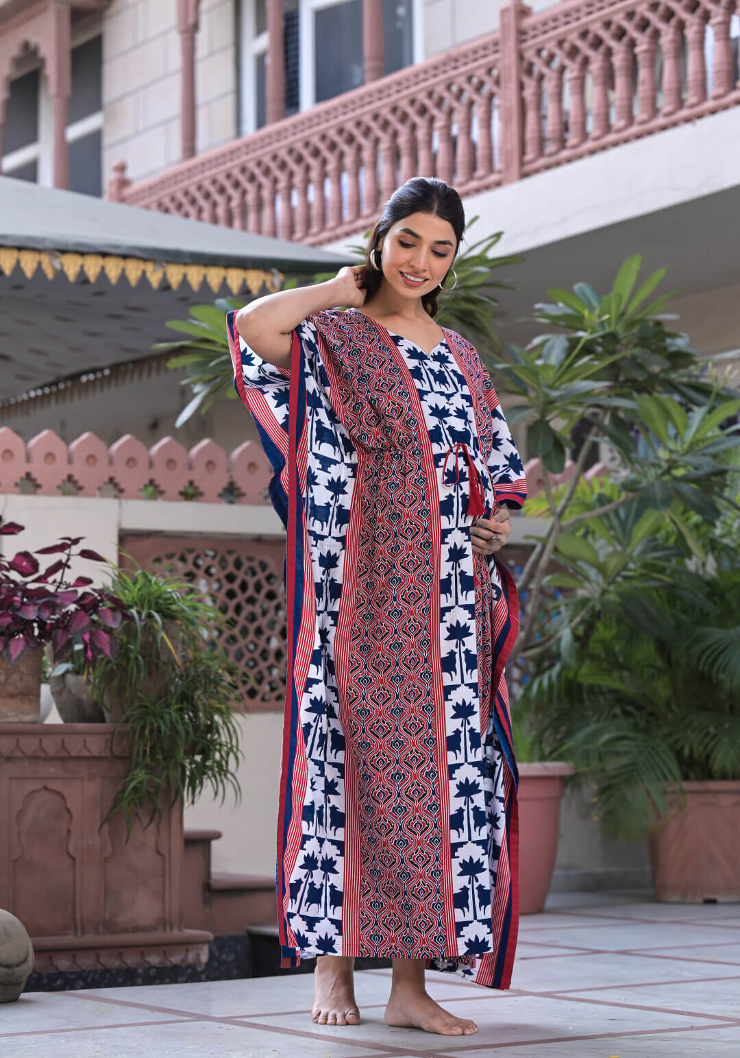 White Indigo Ethnic Motifs Print Maternity & Feeding Kaftan Dress with Concealed Zipper