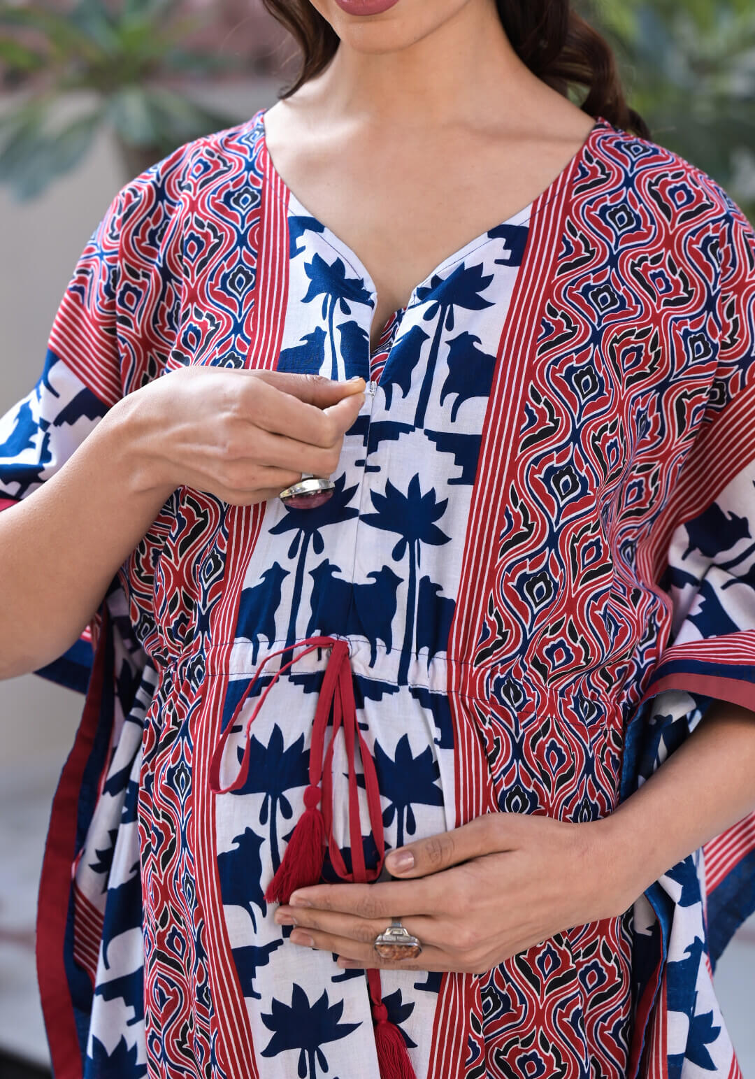 White Indigo Ethnic Motifs Print Maternity & Feeding Kaftan Dress with Concealed Zipper