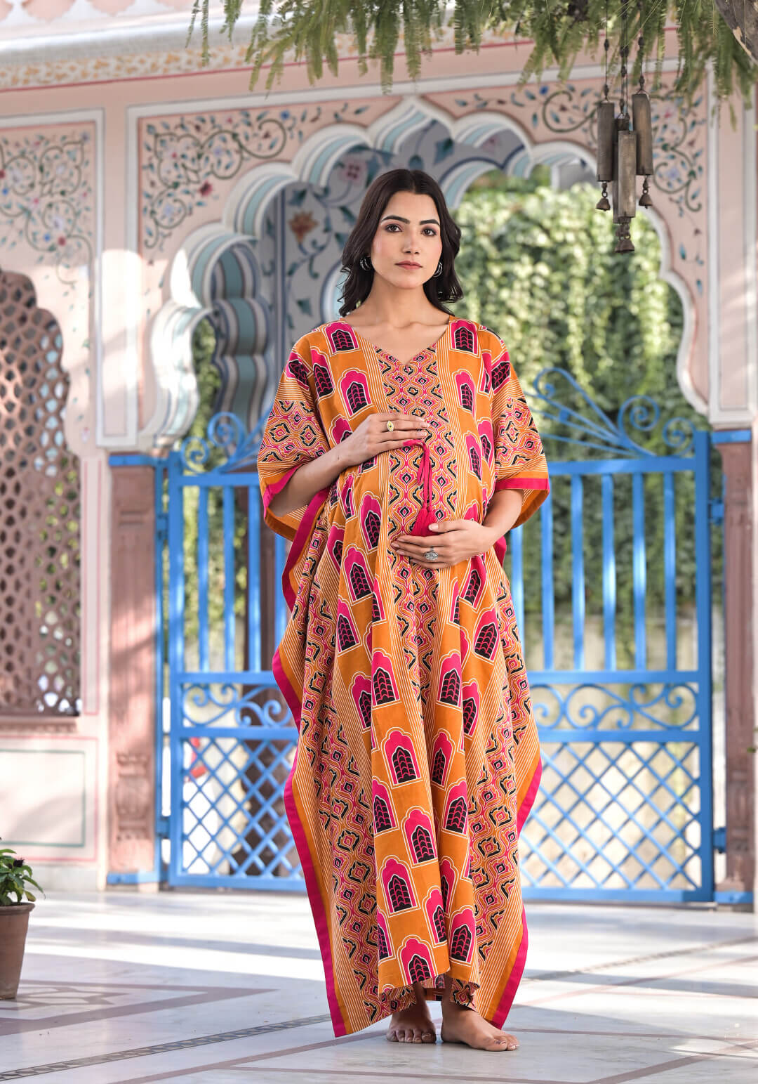 Rust Multi Ethnic Print Maternity & Feeding Kaftan Dress with Concealed Zipper