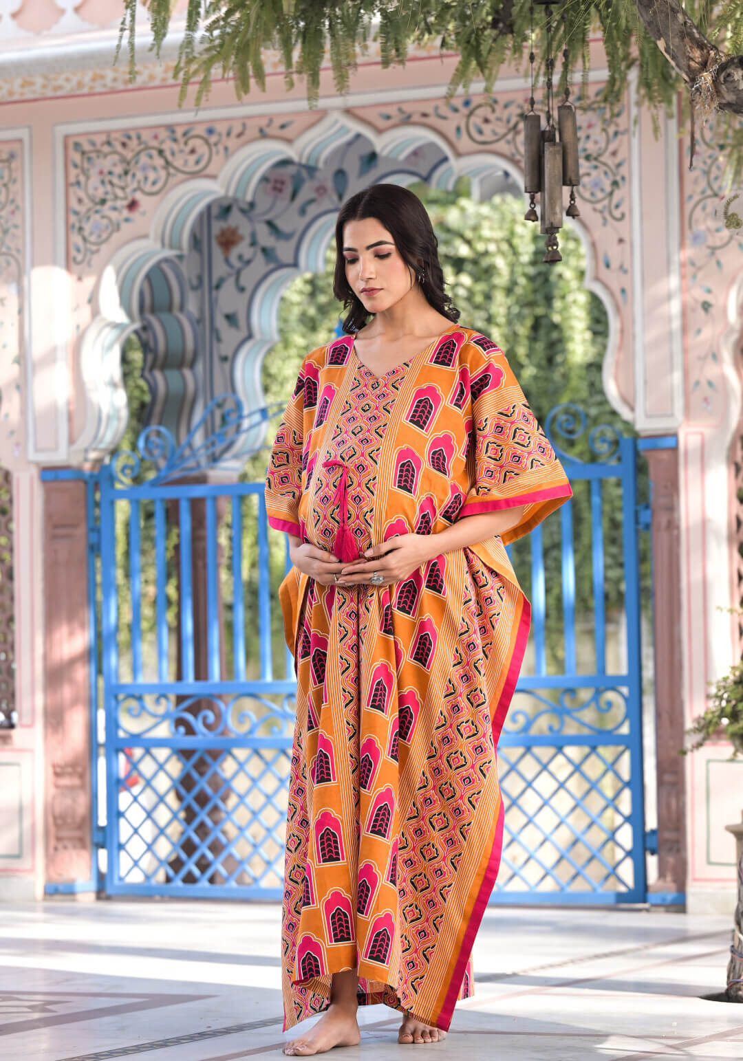 Rust Multi Ethnic Print Maternity & Feeding Kaftan Dress with Concealed Zipper