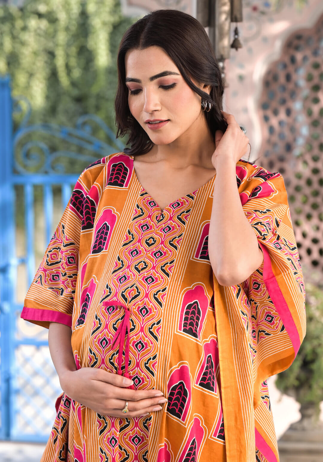 Rust Multi Ethnic Print Maternity & Feeding Kaftan Dress with Concealed Zipper