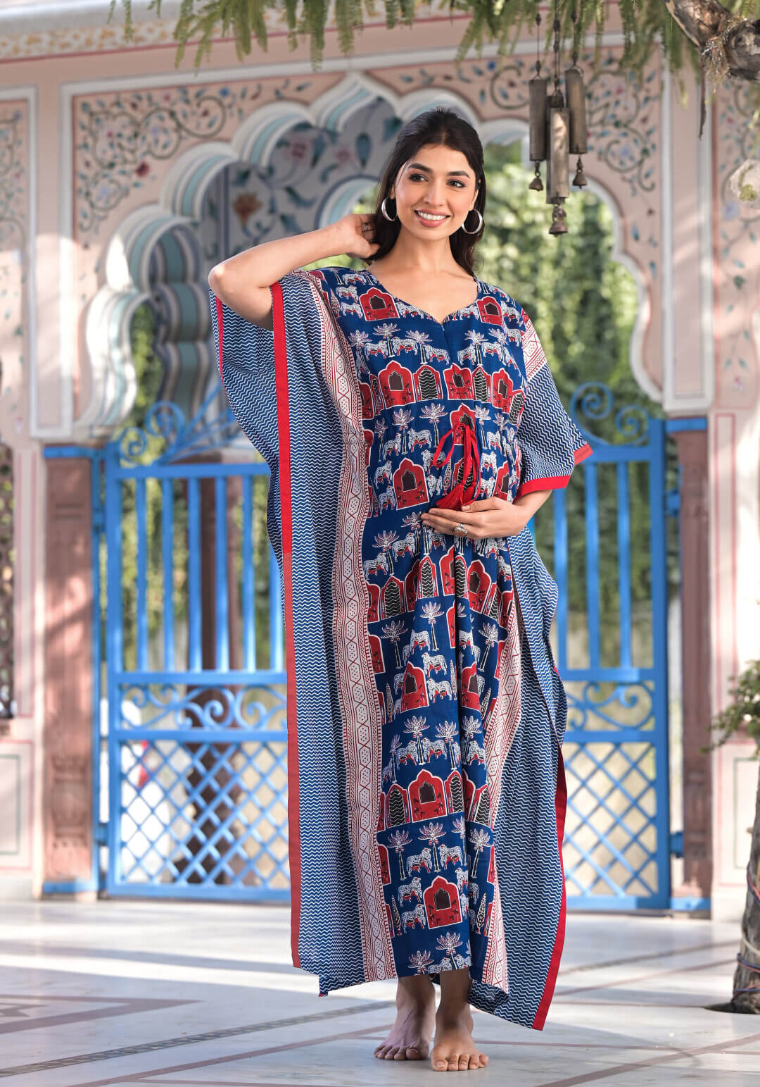 Indigo Red Ethnic Motifs Print Maternity & Feeding Kaftan Dress with Concealed Zipper
