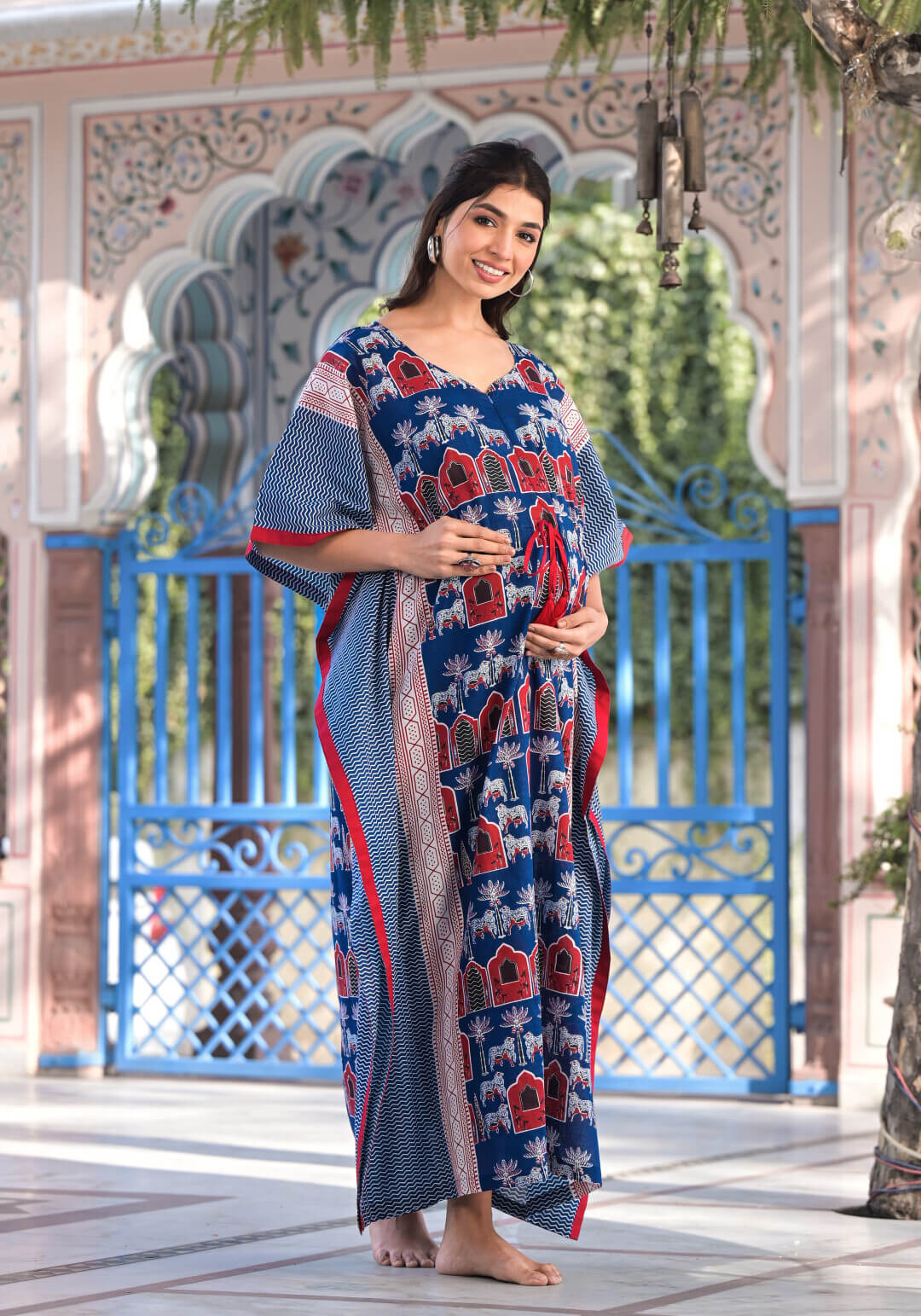 Indigo Red Ethnic Motifs Print Maternity & Feeding Kaftan Dress with Concealed Zipper