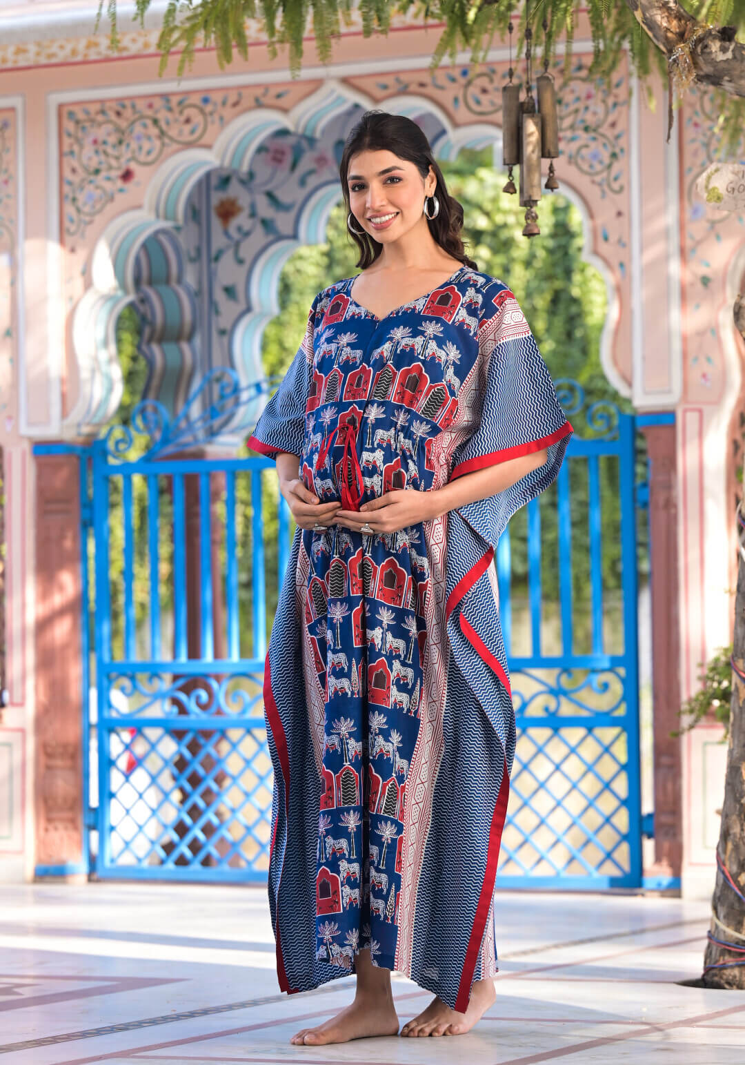 Indigo Red Ethnic Motifs Print Maternity & Feeding Kaftan Dress with Concealed Zipper