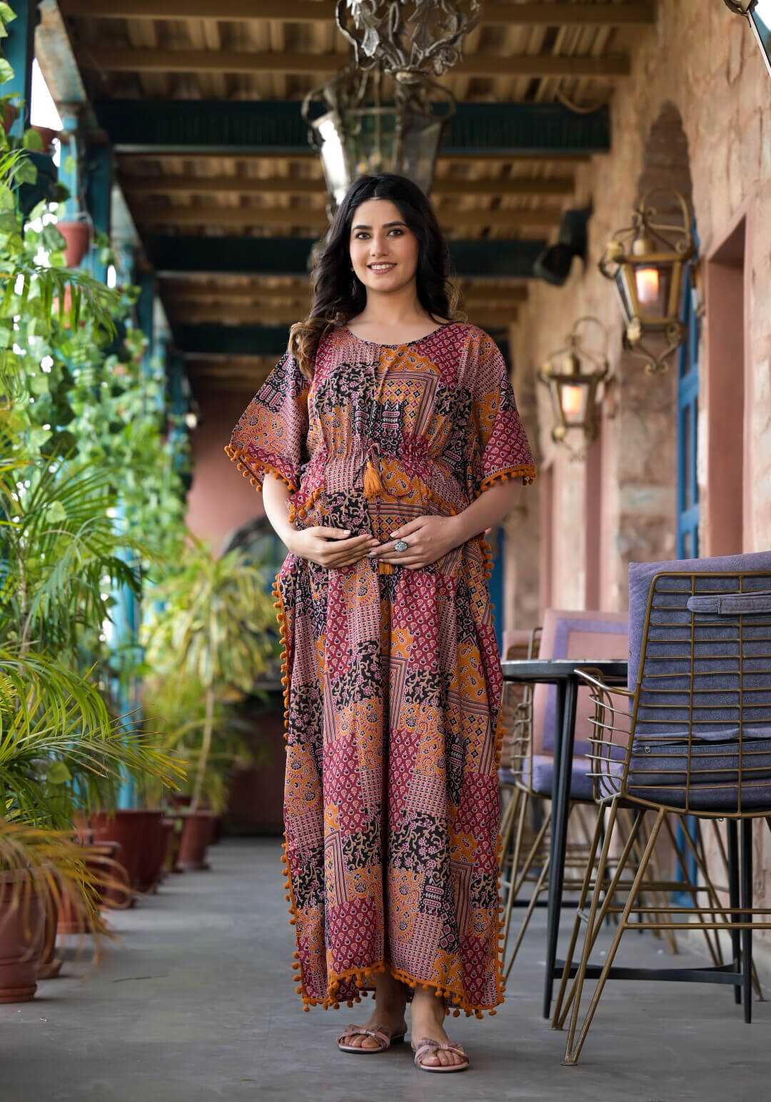 Black Rust Ethnic Print Maternity & Feeding Kaftan Dress with Concealed Zipper