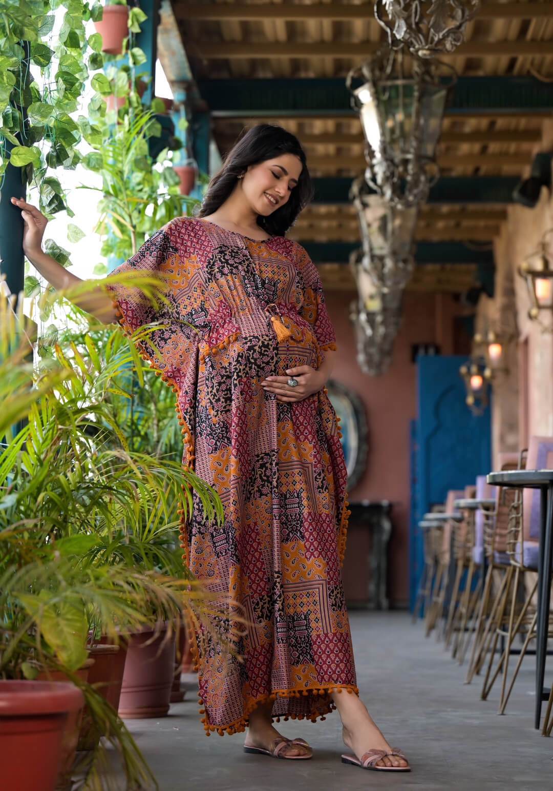 Black Rust Ethnic Print Maternity & Feeding Kaftan Dress with Concealed Zipper