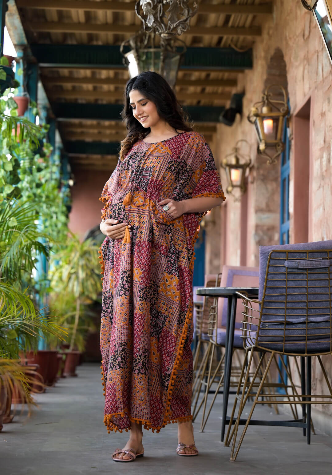 Black Rust Ethnic Print Maternity & Feeding Kaftan Dress with Concealed Zipper