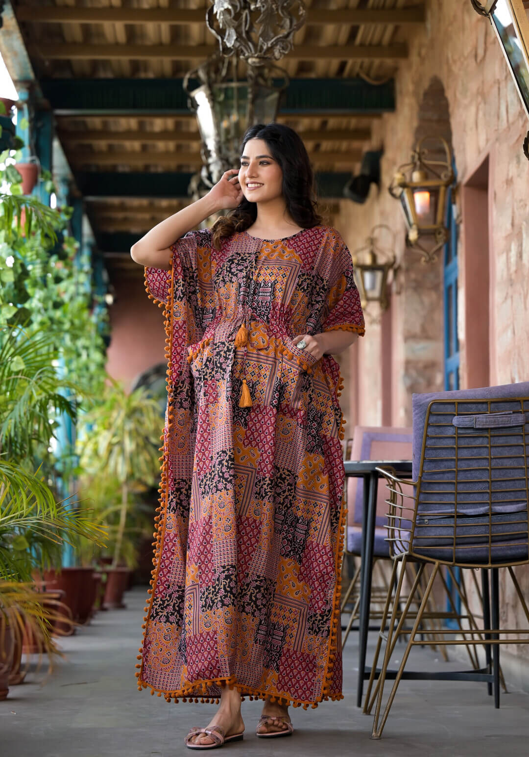 Black Rust Ethnic Print Maternity & Feeding Kaftan Dress with Concealed Zipper