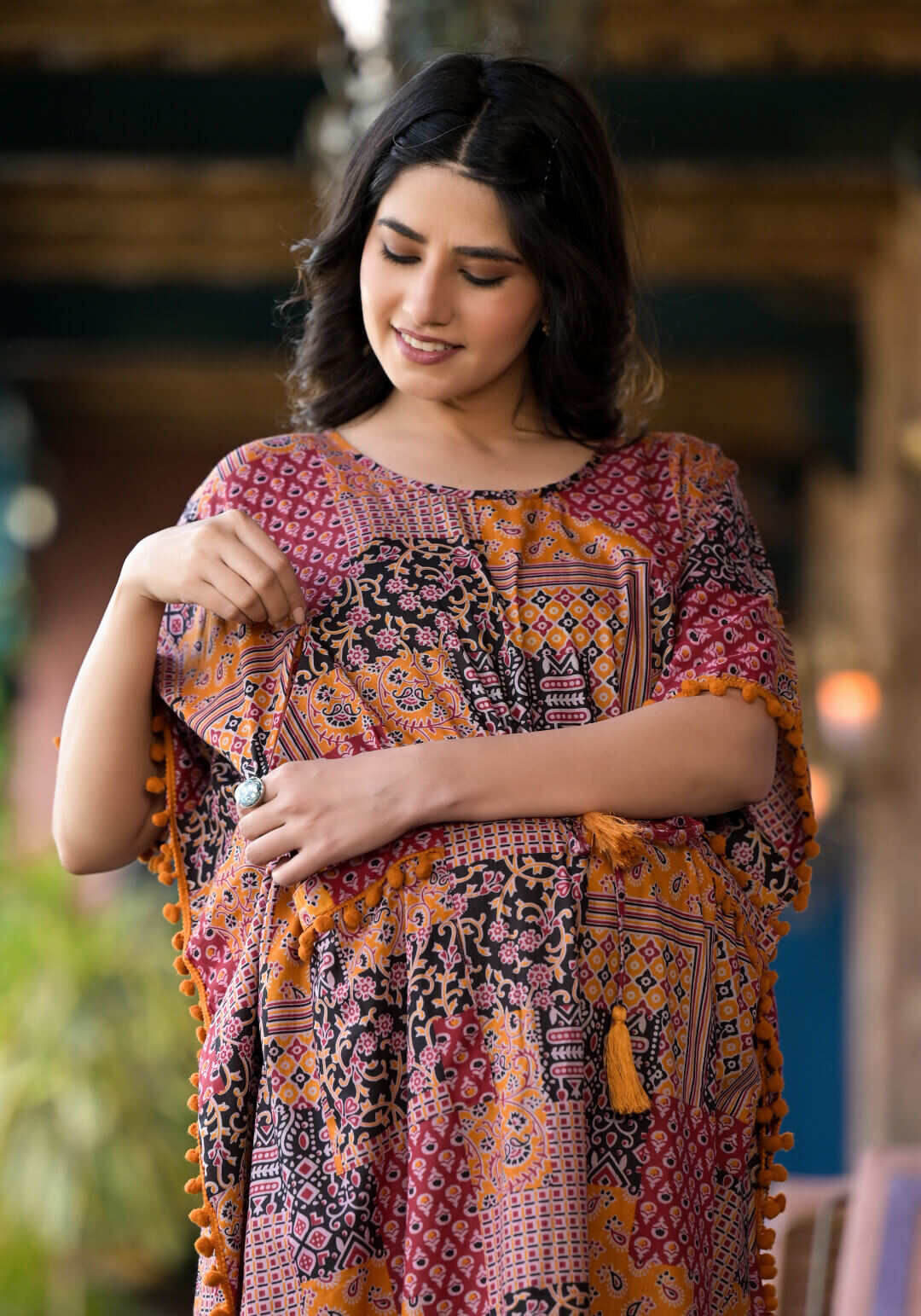 Black Rust Ethnic Print Maternity & Feeding Kaftan Dress with Concealed Zipper