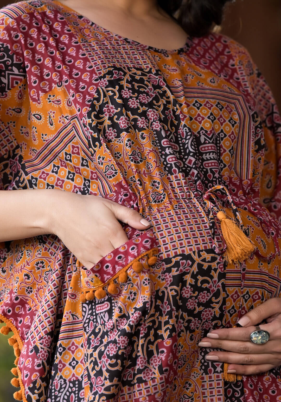 Black Rust Ethnic Print Maternity & Feeding Kaftan Dress with Concealed Zipper