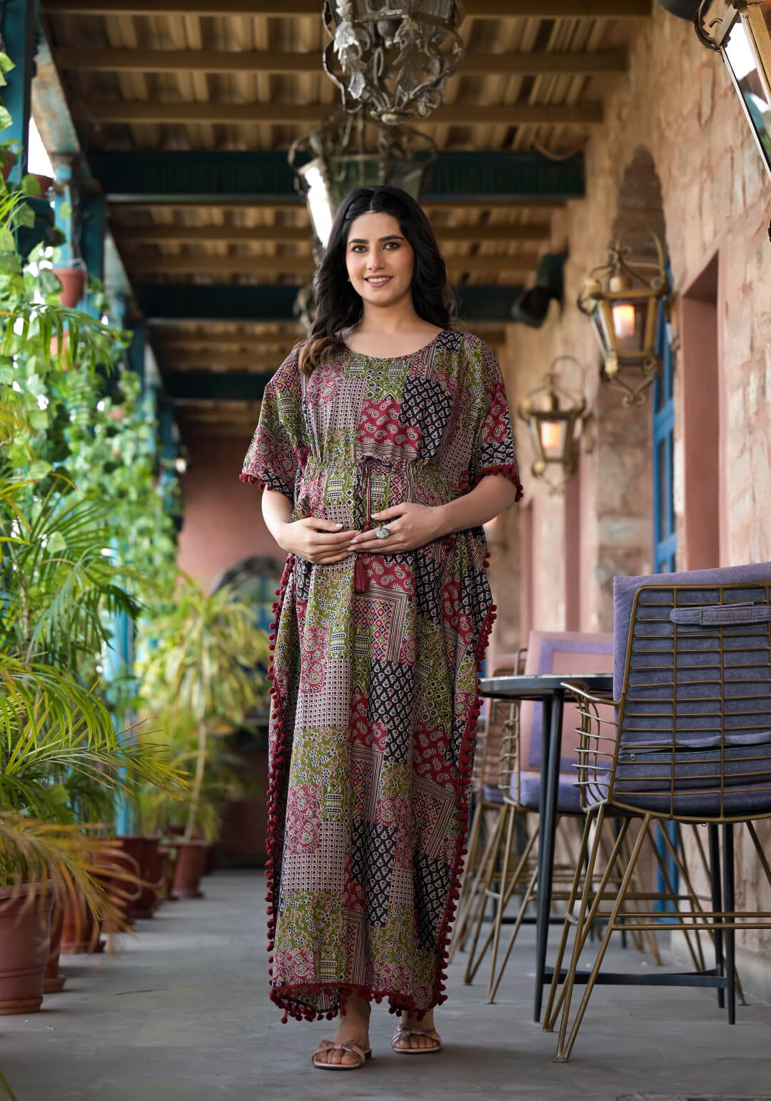 Black Maroon Ethnic Print Maternity & Feeding Kaftan Dress with Concealed Zipper