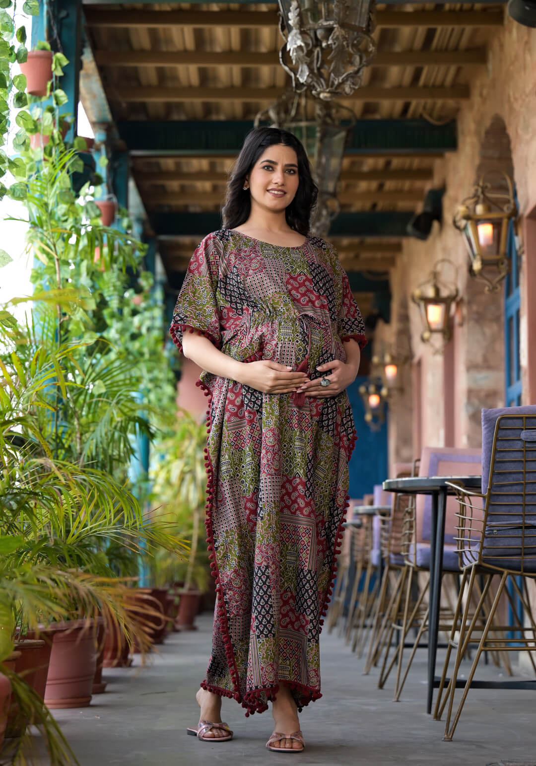 Black Maroon Ethnic Print Maternity & Feeding Kaftan Dress with Concealed Zipper