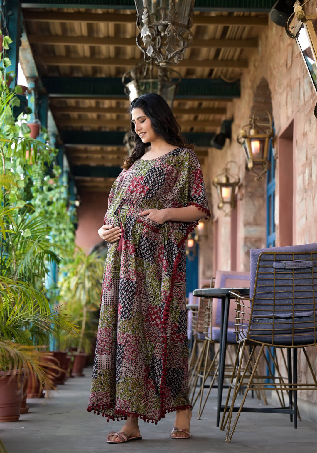 Black Maroon Ethnic Print Maternity & Feeding Kaftan Dress with Concealed Zipper