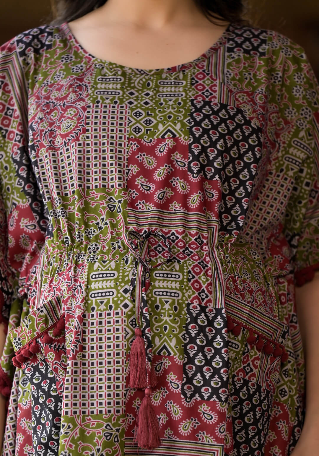 Black Maroon Ethnic Print Maternity & Feeding Kaftan Dress with Concealed Zipper