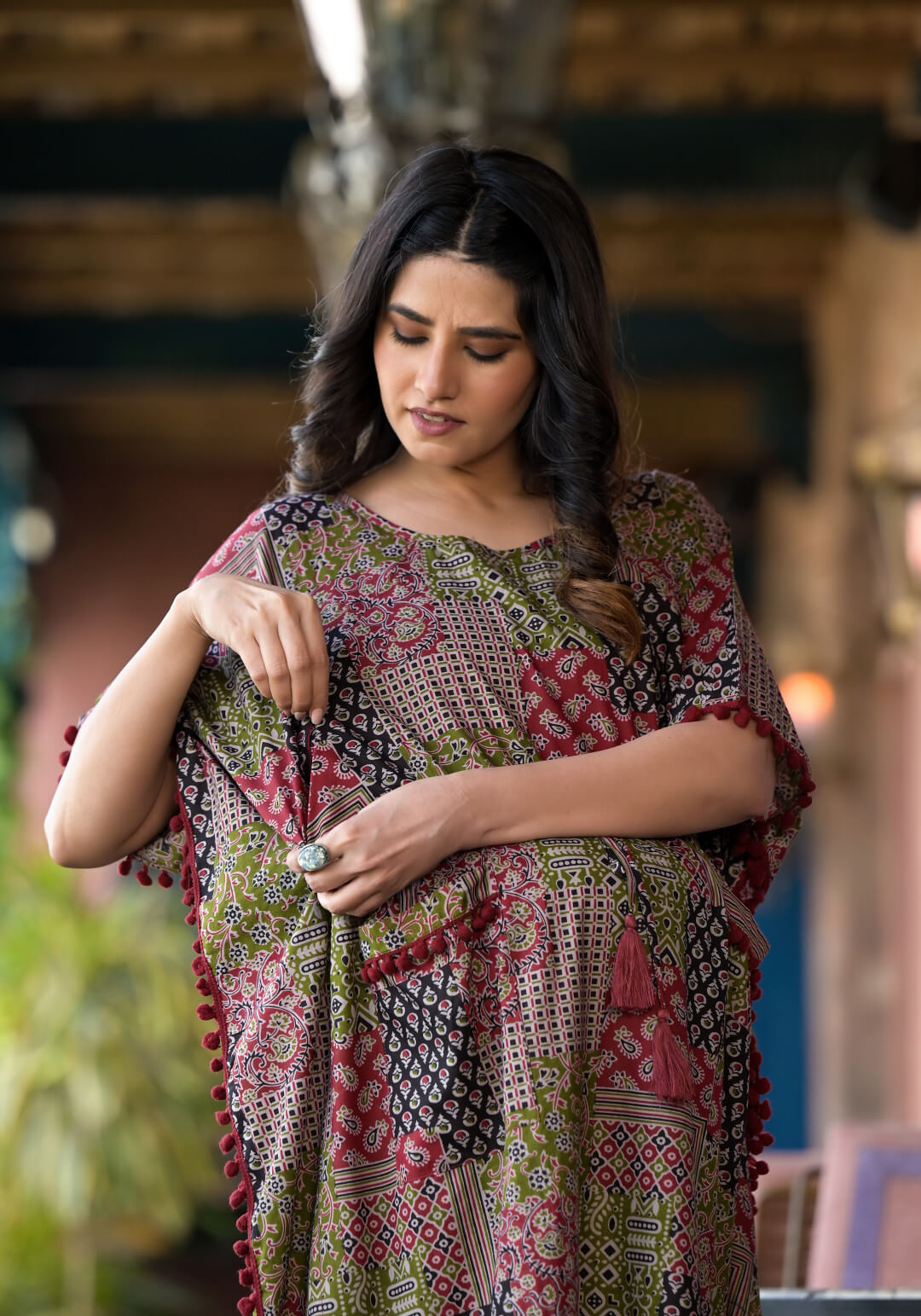 Black Maroon Ethnic Print Maternity & Feeding Kaftan Dress with Concealed Zipper