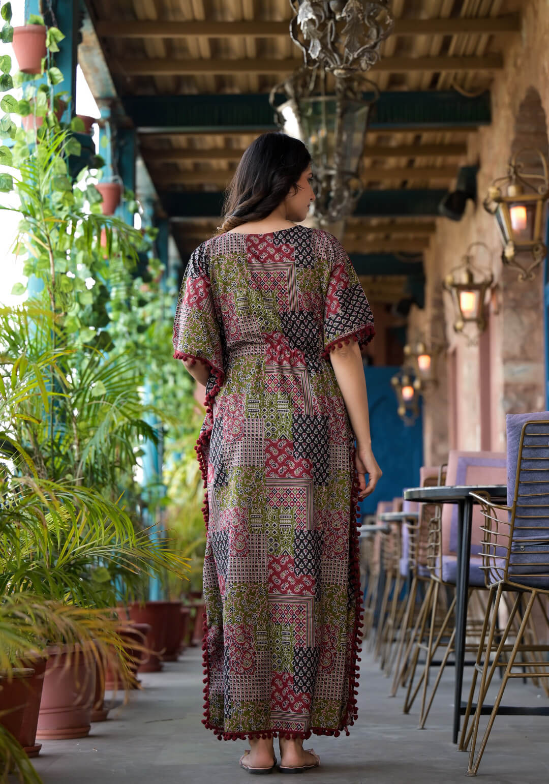 Black Maroon Ethnic Print Maternity & Feeding Kaftan Dress with Concealed Zipper